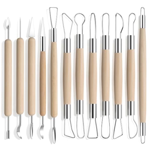 Amrules 12 Pcs Double-Ended Clay Carving Tools Set for Adults, Light Yellow - color: Lightyellow-Sculpting-12Pcs