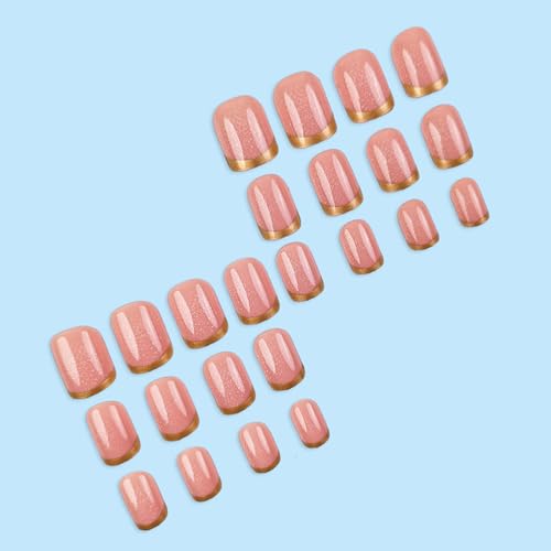 Gold French Tip Press On Nails Short Square Fake Nails Pink False Nails With Glitter Design Acrylic Glue On Nails Reusable Nails Press Ons For Women Girls - color: short square nails-1