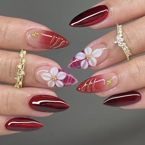 Medium Almond Red Press on Nails - 3D White Flowers - color: D-58