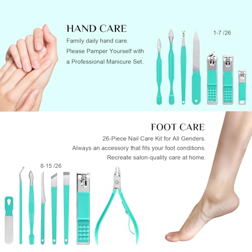 26Pcs Manicure Nail Clipper Set for Women Gift, Turquoise Case - color: Turquoise