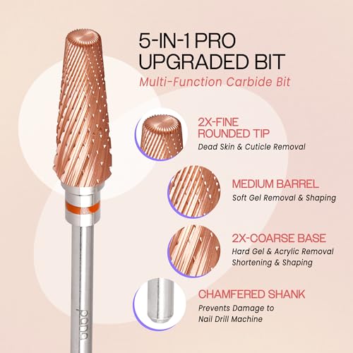 PANA 5-in-1 Pro Upgraded Multi-Function Drill Bit 3/32" Shank Size - (Rose Gold, 2X Coarse to 2X Fine) - Mix Size Tungsten Drill Bit Fast Remove Acrylic Hard Gel Nail for Manicure Pedicure - color: Rose Gold, size: Pro Upgraded