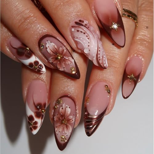 Press on Nails Medium Almond, Embossed Flower Acrylic Fake Nails, Brown French Beads 3D Floral Texture Artificial, Reusable Full Cover Glue on Nails, Stick on Nails for Women - color: Color 07