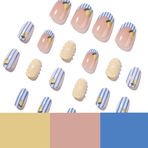 Short Oval Press On Nails Lemon Design, Blue White Stripe Fake Nails with 3D Lemon Slice, Summer Cute French Tip Stick On Nails Glossy Reusable Full Cover False Nails for Women Girls - color: Vertical striped chrysanthemum