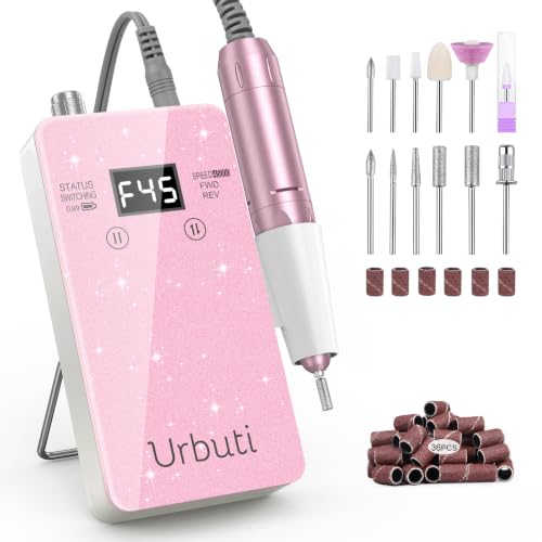 Electric Nail Drill 45000RPM Professional,Glitter Portable E-File Nail Drill Kit for Acrylic & Gel Nails,LCD Display & 4000mAh,Electric Nail File 12 Bits,Manicure Pedicure Kit for Home Salon,Pink - color: Pink
