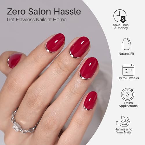 SHANGMENG Press on Nails Oval Short Red Nails with 3D Silver Tail, Soft Gel - color: Crimson Curve
