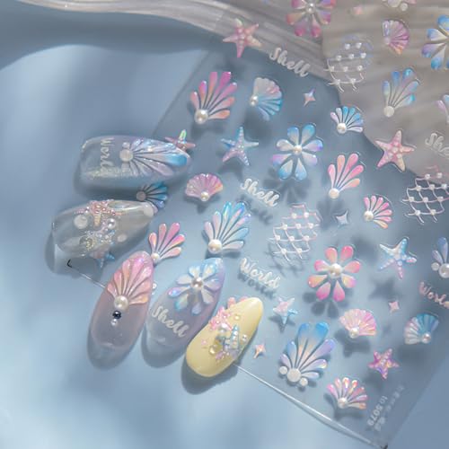 Colorful 5D Embossed Nail Stickers Shell Starfish Pearl - color: Shell Starfish
