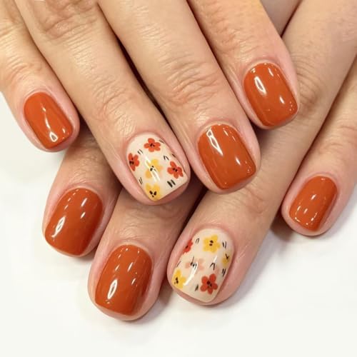 24Pcs Short Square press on Nails Fall Flower Fake Nails - color: Style-31