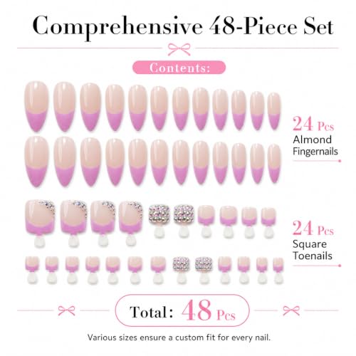 48pcs Press on Nails with Toe Nails Set, Almond Pink French Tip Fake Nails & Short Square False Toenails with Glitter Rhinestones, Glossy Glue on Nails Manicure Pedicure Kit for Women Girls - color: Pink French
