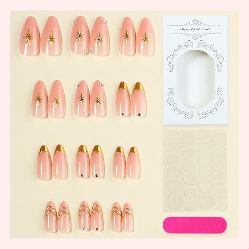 RUOKEXIN Almond Press on Nails French Tip Fake Nails Gold Glitter False Nails with Designs Medium Nail Press ons Sparkly Artificial Nails for Women 24Pcs - color: Almond Style 11-16