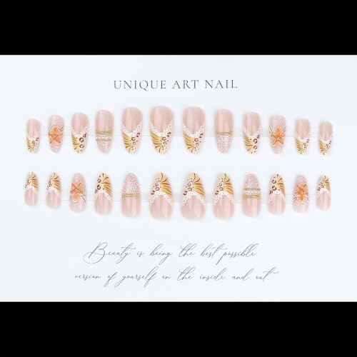 Long Stiletto Press On Nails, Nude Leopard Print French Tip Fake Nails - color: PJ-Pink-4