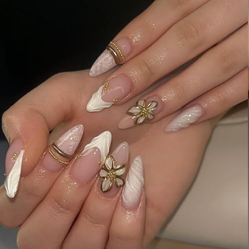Medium Almond Press on Nails - White French Tip, 3D Gold Floral - color: D-56