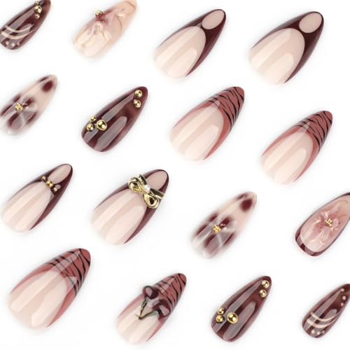 Fall Brown Press on Nails Medium Almond - Tortoise & 3D Cherry - color: D-49