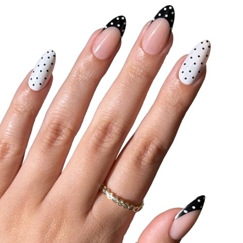 PaintLab Black White Polka Dot Press On Nails, Medium Almond 30pc Nail Tips - color: Polka Dot Couture