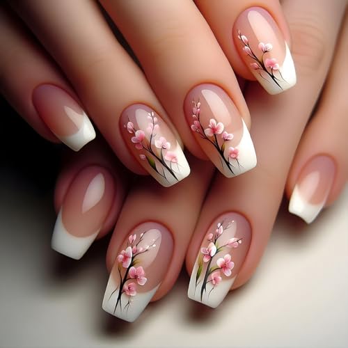 Floral Press on Nails Medium Length Fake Nails White French Tip Press ones Stick on Nails with designs Acrylic Nails Nude Gel Glue on Nails Kit for Women Spring Summer Glossy False Nails 24pcs - color: style12