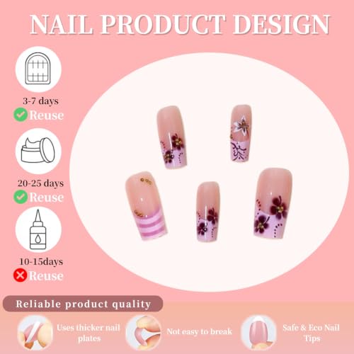 24Pcs Pink Flower Press on Nails Medium Square Fake Nails Summer Hibiscus Flowers False Nails Pink White Striped Acrylic Nails Spring Summer Glue on Nails Wine Red Flower Stick on Nails for Women - color: Hibiscus Striped Style