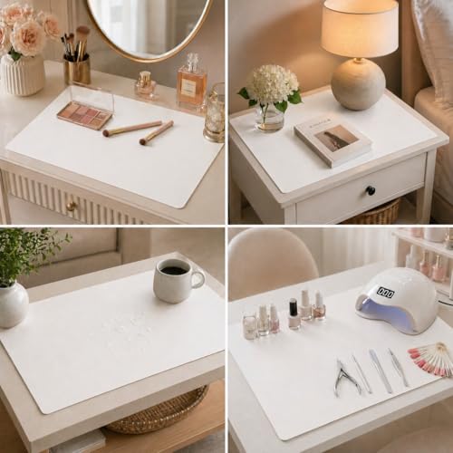Leather Nightstand Mat for Bedside Table, Waterproof Vanity Desk and Nail Table Mat, Non-Slip Dresser Top Cover for Makeup, Perfume and Daily Essentials (White, 17.7"*15.7") - color: White, size: 17.7" x 15.7"