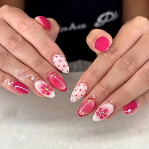 30Pcs Pink Flower Press On Nails Medium Almond Fake Nails with Polka Dots - color: BD-Pink-6