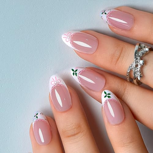 CurvLife Medium Almond Lace Floral Press On Nails, Lace Bloom Nude White - color: A7 - Lace Bloom