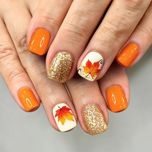 24Pcs Fall Press on Nails Short Square Maple Leaf Fake Nails - color: Style-26