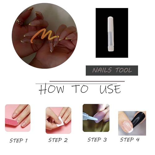 MISUD Press on Nails - Long Stiletto Glue on Nails with Gold Chrome, Acrylic French Tip Design 24 pcs - color: 02305-03Gold
