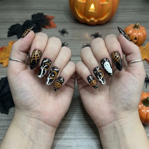 Halloween Press on Nails Ghost Pumpkin Black Fake Nails Set 24Pcs - color: halloween-design14