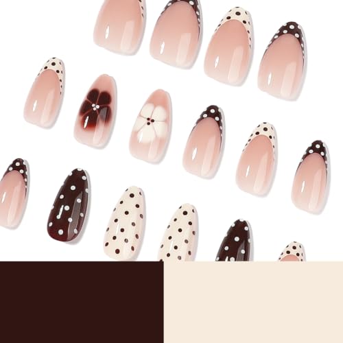 Fall Brown Press on Nails Almond, Flower, Polka Dots, Medium, 24Pcs - color: Style-38