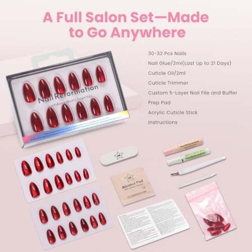 Nail Reformation Press On Nails, Ruby Gloss Red Short Almond Fake Nails - color: Ruby Gloss Red