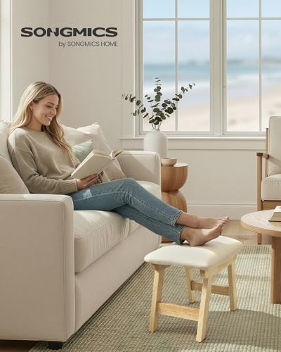 SONGMICS Foot Stool Ottoman, Padded Foot Rest Under Desk, Solid Wood Frame - color: Summer Sand + Natural Wood, size: 9.8"D x 15.4"W x 11.8"H