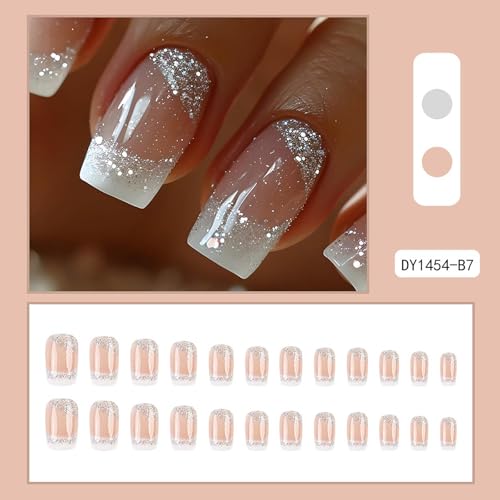 Square Press on Nails White French Tip Nails Press ons Medium Fake Nails with Silver Glitter Designs False Nails Ombre Glossy Artificial Nail Acrylic Glue on Nail for Women Girls 24Pcs - color: style021