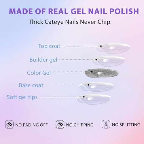 KQueenest Cat Eye Press on Nails Short Oval, 30 Pcs Light Gray Fake Nails Extra Short Almond, Glitter Magnetic Glue on Nails, Reusable Shiny Chrome Stick on Nails for Women Salon Manicure - color: Shimmer Light Grey