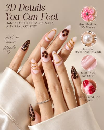 Buleens Handmade Press on Nails Acrylic - color: Gold-Ring Brown Flower, size: L