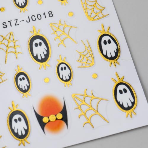 6 Sheets Halloween Ghost Nail Art Stickers Gold Frame Spiderweb Nail Decals - color: Halloween 16