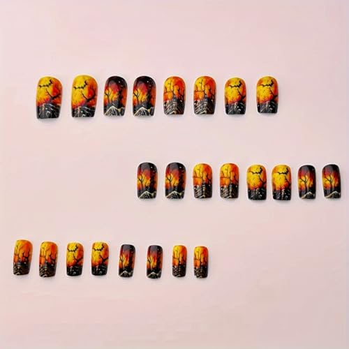 Forest Orange Press on Nails Halloween Medium Square Fake Nails with Bat Designs Halloween Glue on Nails Reusable Artificial Acrylic False Nails for Women Girls 24Pcs - color: Halloween style 17