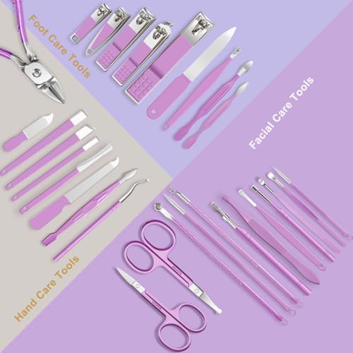30Pcs Stainless Steel Nail Clipper Set with Luxurious Travel Case - color: 30 in 1 Purple