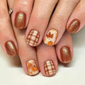 Fall Press On Nails Short Square Fake Nails With Maple Leaf Pumpkin Designs - color: fallnails12