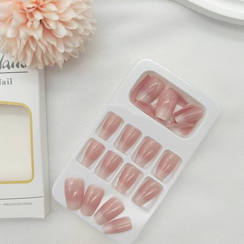 Gradient Press on Nails Short Coffin Fake Nails with Ombre Glossy Designs Nails Press ons Pink White Glue on Nails Acrylic False Nails Simple Stick on Nails for Women 24Pcs - color: pink white-1
