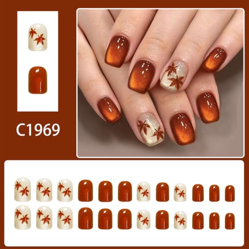 Fall Maple Leaf Press on Nails Short Square Fake Nails with Glitter Design Orange Cat Eye Acrylic False Nail Autumn Leaf Full Cover Stick On Nail Reusable Thanksgiving Artificial Nails for Women 24Pcs - color: special Fall-25
