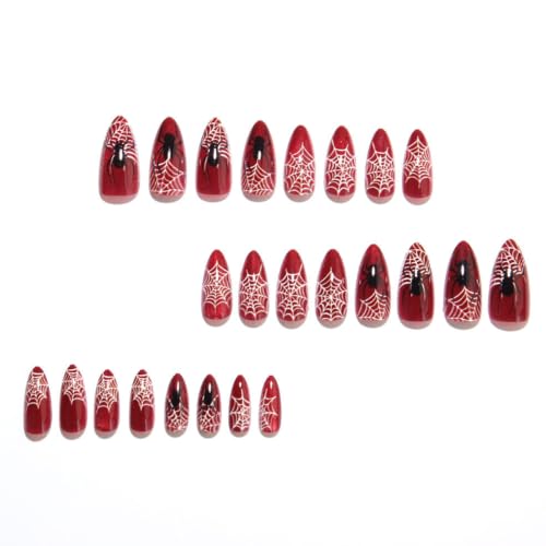 Halloween Press on Nails Almond Red Glitter Cat Eye Spider Web Fake Nails - color: Halloween Spider Web Nails-14