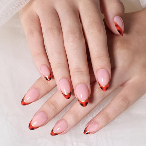 Red French Tip Press On Nails - French Tip Almond Fake Nails - color: 3D - Red French Gold Line