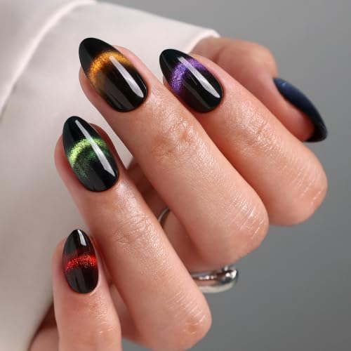 SHANGMENG Halloween Press on Nails, Short Almond Black Cat Eye Fake Nails - color: Aurora Muse