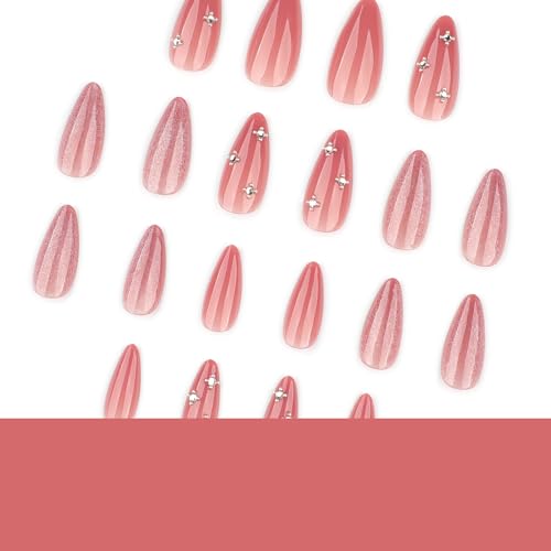 Pink Press On Nails Almond Medium Fake Nails Glitter With Rhinestone Design False Nails Press Ons Glossy Acrylic Nails Reusable Glue On Nails For Women Girls - color: Design-3