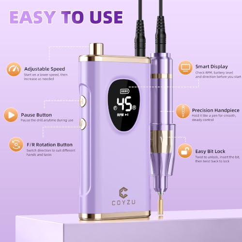 Professional Electric Nail Drill Rechargeable Nail File for Beginners - color: Lilac Purple