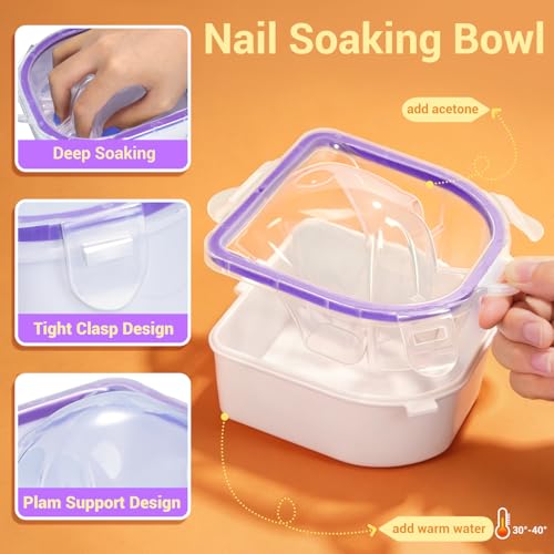 TsMADDTs 12 pcs Nail Soaking Bowl Acetone Gel Polish Remover Kit with 2 pcs Soak Off Bowls for Hands, Cuticle Remover Tools, Cuticle Oil, Files, Buffers, Brush for Nail Care - color: Purple