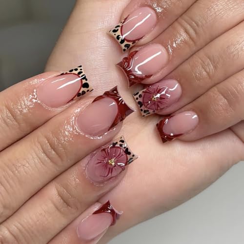 French Tip Press on Nails Short Square Leopard Flower Design - color: Red Black Glod