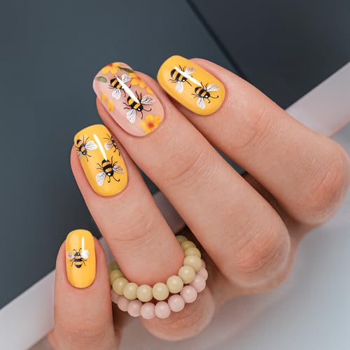 CurvLife Medium Square Floral Press On Nails, Bee Garden, Soft Gel - color: Bee