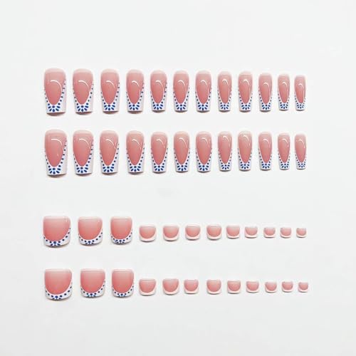 CTTHNBD Medium Press on Nails Square & Press on Toenails Set, White French Tip with Blue Spot Design - for Women 48 Pcs - color: Blue Pink