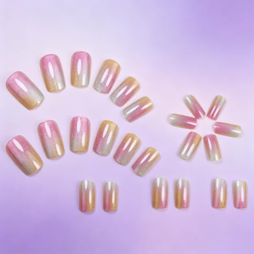 Press on Nails Rainbow Gradient Glitter Medium Square Fake Nails - color: Rainbow Shimmer