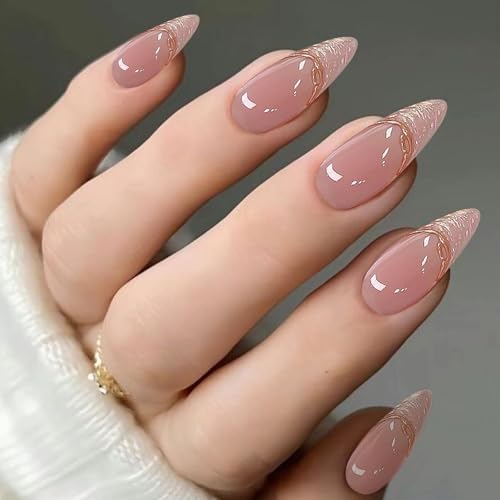 Pink French Tip Acrylic Press on Nails Almond Medium Fake Nails - color: 04-Pink
