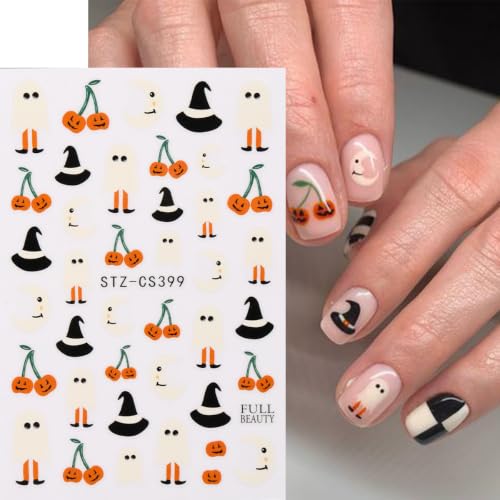 Halloween Ghost Flower Nail Art Stickers Pumpkin Cute Ghost Nail Art Decals 6 Sheets 3D Self-Adhesive Flowers Hat Nail Stickers for Women Halloween Nail Supplies Nail Decorations - color: Halloween Style5