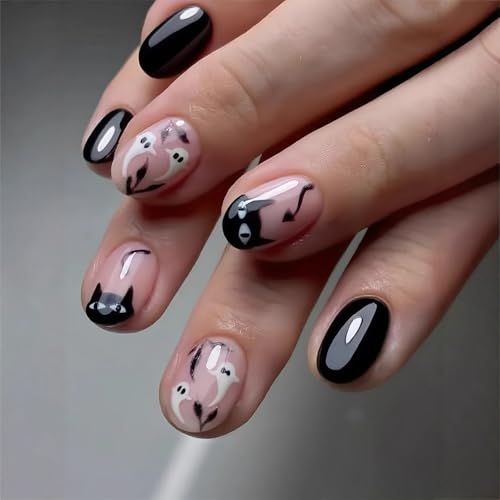 24 Pcs Halloween Press on Nails Cute Cat French Tip Fake Nails Glossy Full Cover False Nails with White Little Ghost Designs Acrylic Festival Stick on Nail Art DIY for Women Nail DIY - color: Halloween Style 015